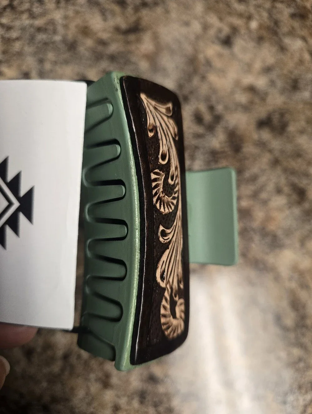 Leather Tooled Hair Claw Clip - Green with Brown Tooled Accent